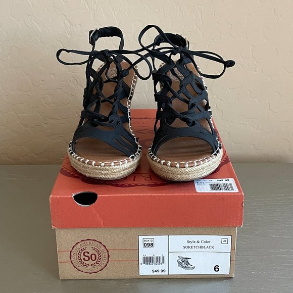 SO Kohls 6 Ketch Black Lace Up Jute Platform Wedge Espadrille Sandals Worn Once! - Picture 3 of 11